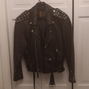 FoxRun Black VINTAGE Leather Jacket with Silver Studs 80 Style